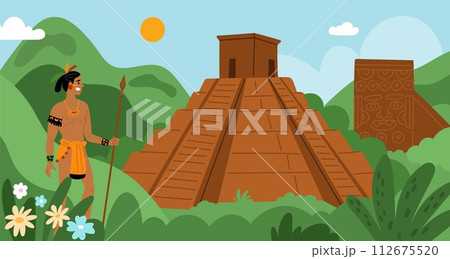Maya civilization landscape. Aztecs and Incas ancient architecture. Village with pyramid temple. South American people. Antique Indian culture. Warrior with spear. Garish vector concept 112675520