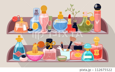 Perfume shelves. Bottles with toilet water. Perfumery fragrance. Beauty products jars. Cosmetics aromatic sprays. Different glass flasks. Luxury flacons on shelf. Recent vector concept Perfume shelves. Bottles with toilet water. Perfumery fragrance. Beauty products jars. Cosmetics aromatic sprays. Different glass flasks. Luxury flacons on shelf. Recent vector concept 112675522
