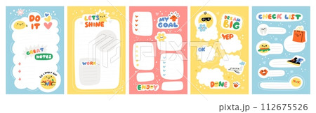Trendy planner pages. Notebook stickers and organizer labels. Cute Scandinavian elements. Schedule funny kids decor. Checklist reminders. Scrapbook icons. Garish vector diary sheets set 112675526