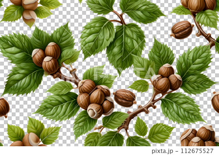 AI-generated content. Hazelnuts with foliage isolated on white background 112675527