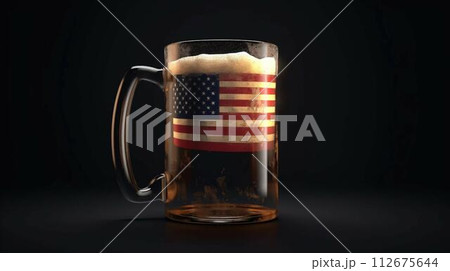 A glass of beer and an abstract star and striped USA state flag. AI generated 112675644