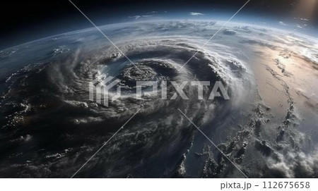 View from space from above on a hurricane tornado swirl of clouds and wind, a storm front of bad weather and natural disaster. AI generated 112675658