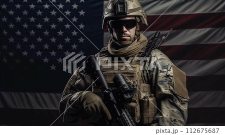 Military male US Army Marine on the background of the abstract Stars and Stripes US State Flag. AI generated 112675687