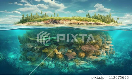 View of a paradise tropical island and corals with algae half from under the water and from the horizon line. AI generated 112675696