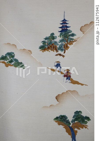 アンティーク着物生地、街道を行く旅人の柄2 112675941