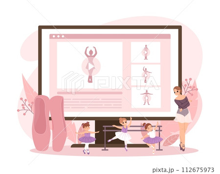 Online ballet class. Cute little girls study dance, classic theatre teacher and students. Ballerina tutorial or courses for kids, snugly vector scene 112675973
