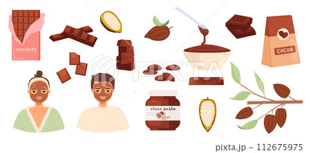Chocolate and beauty procedures. Cocoa products, liquid choco and bars. Young girl and boy with sweet face mask. Dessert cartoon snugly vector set 112675975