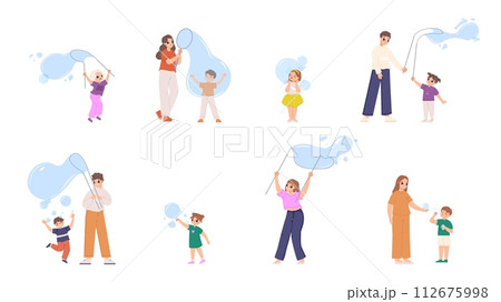 Play with bubbles. Soap bubbles show party, adults and children playing. Funny outdoor games and recreation. Blowing kid snugly vector character 112675998