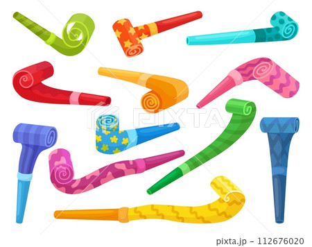 Color party blowers. Paper blower for birthday or festival time. Children toys or fans accessories. Tube horns, decorative whistles neoteric cartoon vector set 112676020