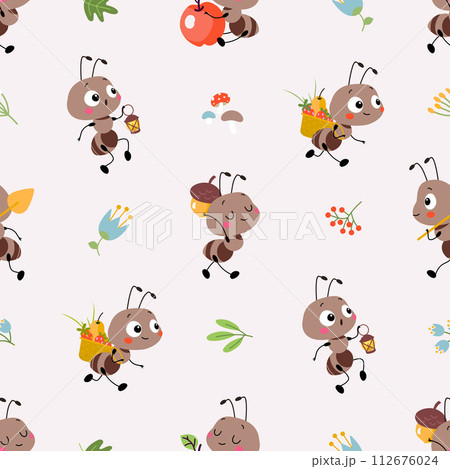 Cartoon ant seamless pattern. Funny ants moving with food, cute forest insects working. Decorative childish fabric print, nowaday vector background 112676024