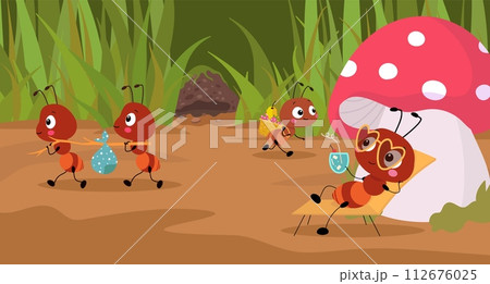 Cartoon ants working. Forest ant activity, moving and working or relaxing. Wildlife childish book or banner illustration with funny nowaday vector insects 112676025