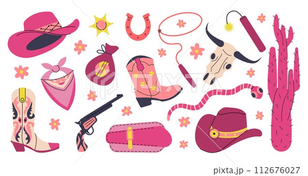 Cowgirl accessories set. Cowboy pink hats, boots and weapon. Decorative cactus, bandana and wild west buffalo skull. Rodeo decent vector clipart 112676027