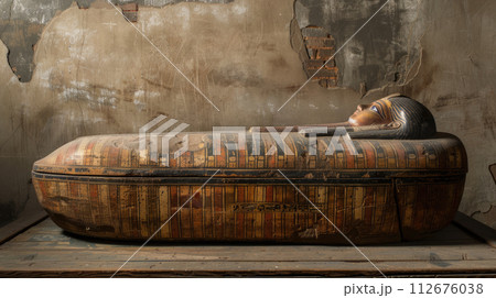 Ancient Egyptian sarcophagus in tomb, old stone grungy room in Egypt. Theme of pharaoh, king, antique, mummy and culture. Ancient Egyptian sarcophagus in tomb, old stone grungy room in Egypt. Theme of pharaoh, king, antique, mummy and culture. 112676038