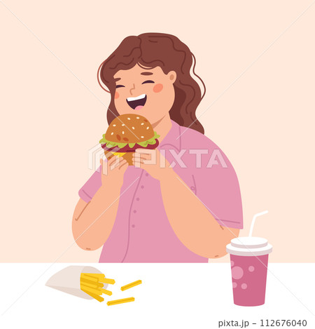 Girl eat burger. Teenagers lunch or dinner, take away junk food concept. Young adult overweight eating french fries, sandwich and drink, snugly vector scene 112676040