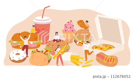 People and fast food. Teenagers with giant burger, pizza, french fries and ice cream. Young adults happy junk foods and drinks, snugly vector scene People and fast food. Teenagers with giant burger, pizza, french fries and ice cream. Young adults happy junk foods and drinks, snugly vector scene 112676052