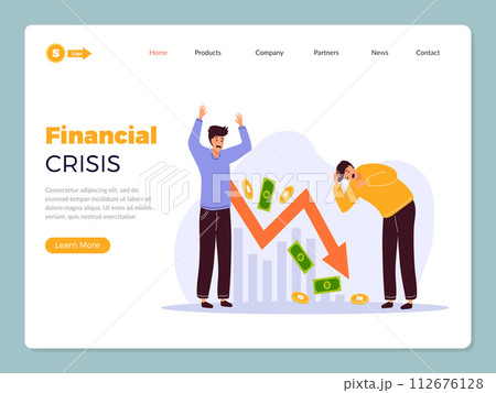 Financial crisis landing concept picture businessman standing near falling arrow on graph web page template 112676128
