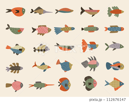 Exotic fish. Marine underwater life recent vector stylized illustrations with fishes Exotic fish. Marine underwater life recent vector stylized illustrations with fishes 112676147