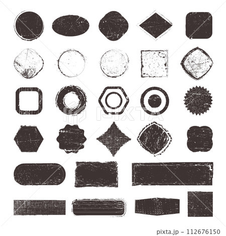 Scratched badges. Empty geometrical shapes in grunge style recent vector stickers templates Scratched badges. Empty geometrical shapes in grunge style recent vector stickers templates 112676150