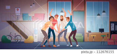 Business team. Group of successful office managers hugging exact vector cartoon background illustration in cartoon style Business team. Group of successful office managers hugging exact vector cartoon background illustration in cartoon style 112676155