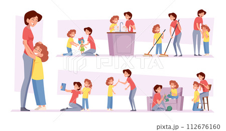 Happy mom. Family love and unity mother and daughter exact vector girls friendship concept pictures in cartoon style 112676160