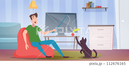 Domestic animals. Pet owners walking and playing with animals exact vector cartoon background 112676165
