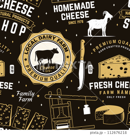 Cheese family farm seamless pattern or background. Fabric, textile, wallaper with block cheese, sheep lacaune on the grass, fork, knife for cheese, cow, cheese press. Vector. 112676218