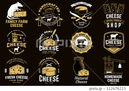 Cheese family farm badge design. Template for logo, branding design with block cheese, sheep lacaune on the grass, fork, knife for cheese, cow, cheese press. Vector illustration. Hand crafted product Cheese family farm badge design. Template for logo, branding design with block cheese, sheep lacaune on the grass, fork, knife for cheese, cow, cheese press. Vector illustration. Hand crafted product 112676223