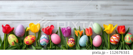 Easter style decoration banner. Coloured eggs and coloured tulips on light grey wooden background. Holiday celebration greeting card. Copy space. Generative AI 112676381