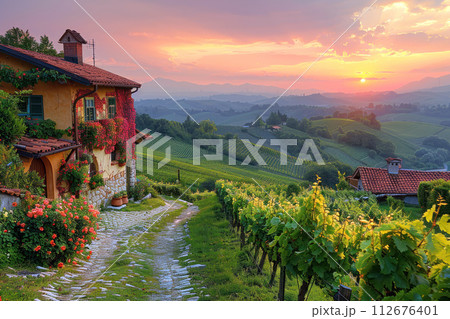 Panoramic view of vineyard with rows of grapevines at sunset planted on a beautiful hilly landscape. Generative AI 112676401