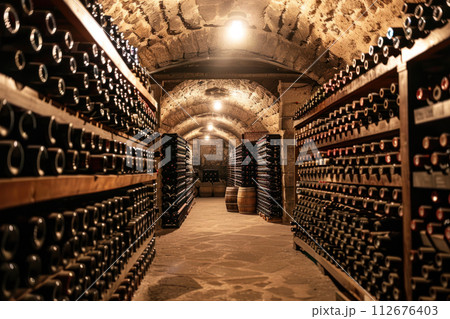 Wine cellar full of wine bottles. Bottles with wine on shelf in the wine bar. Alcohol concept. Generative AI 112676403