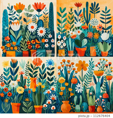 AI-generated content. Home garden indoor plants pots cactus flowers cartoon style vector collection. Stylized botany collection bright color illustrations 112676404