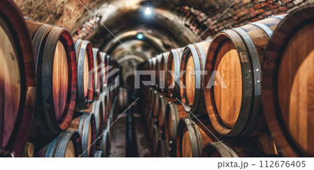 Wine cellar full of barrels of wine. Wooden wine barrels stacked on top of each other.. Alcohol concept. Generative AI 112676405