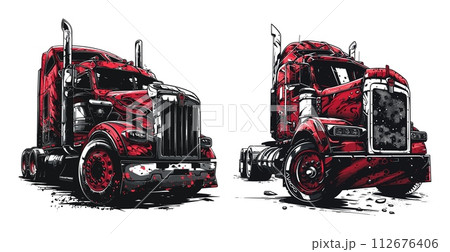 AI-generated content. Heavy Trucks color ink sketch vector illustrations. Big four wheeled diesel vehicle, transport car cargo carriers isolated on white background 112676406