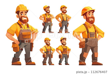 AI-generated content. Happy builder cartoon style vector set. Male character bearded man, helmet jumpsuit accessories, positive cute construction site worker, illustrations isolated on white 112676407