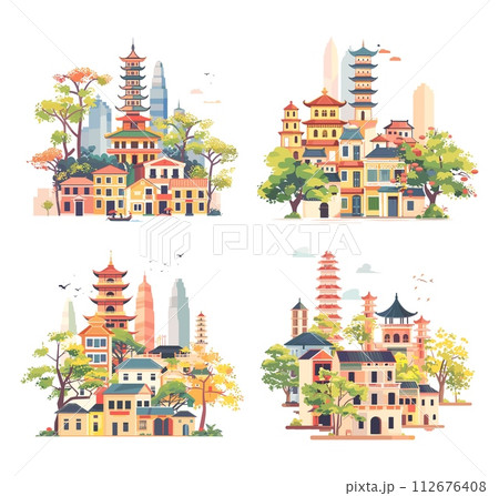 AI-generated content. Hanoi cityscapes cartoon vector set. Ancient asian architect vietnam capital sights pagodas skyscrapers modern tall buildings architecture gardens trees panoramas horizon 112676408