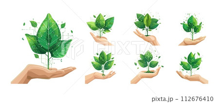 AI-generated content. Hand with plant cartoon style eco concept vector set. Growing young green leafs tree, ecological clean power energy future illustration isolated on white background 112676410