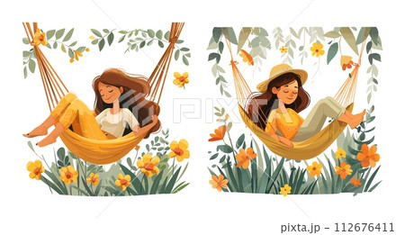 AI-generated content. Hammock garden girl cartoon style vector illustrations. Summer holidays relax concepts, nature vacation with botany flora elements leaves flowers isolated on white background 112676411