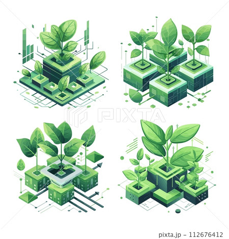 AI-generated content. Green technology isometric vector concepts. Rectangle geometric figures growing young plant, clean energy eco power foliage stems branches, illustrations isolated on white 112676412