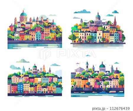 AI-generated content. Dublin city view set. Colour minimal flat ireland building craft city panorama collection, simple cartoon cityscapes vector illustration AI-generated content. Dublin city view set. Colour minimal flat ireland building craft city panorama collection, simple cartoon cityscapes vector illustration 112676439