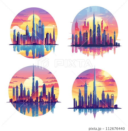 AI-generated content. Dubai cityscape scenic cartoon vector set. Arabian hightower skyscrapers modern business megapolis architecture skylines illustrations isolated on white background 112676440