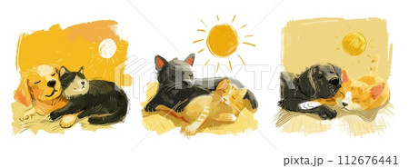 AI-generated content. Dog and cat together sketch color vector illustrations. Sun resting sleeping animals friendship unity concepts, isolated on white background 112676441