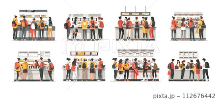 AI-generated content. Customer people cartoon vector scenes. Crowd group casual clothes back view clients characters, standing counter snack coffee shop fast food, illustrations isolated on white 112676442