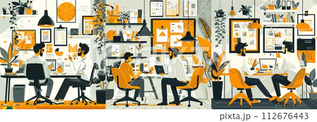 AI-generated content. Coworking creative process scenes cartoon vector collection. Characters working together with laptops and charts in modern office room plants stylish workspace interior 112676443