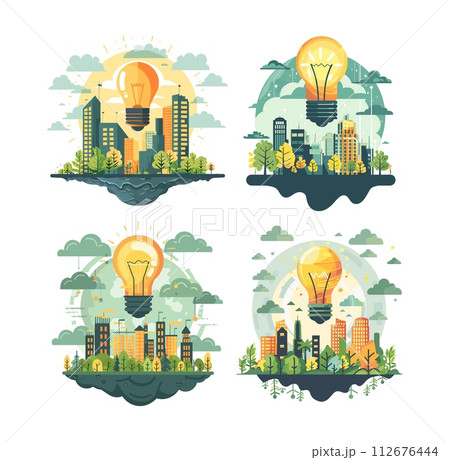 AI-generated content. Clean energy cityscapes cartoon style vector concepts. Light bulb skyscrapers high rise buildings, pure green trees electricity renewable energy landscape, illustrations isolated 112676444