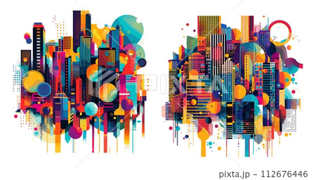 AI-generated content. Cityscape futuristic geometrical metropolis round shapes vector abstract concepts. Skyscrapers modern city architect bright color illustrations isolated on white background 112676446