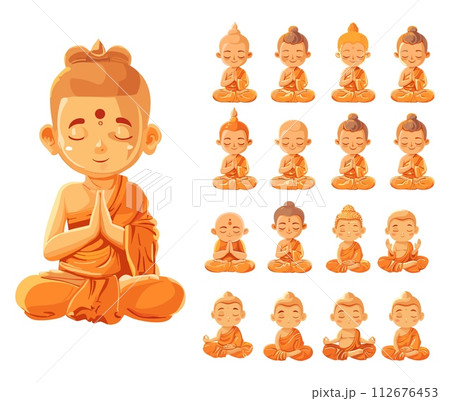 AI-generated content. Buddhist monk lotus pose cartoon style vector set. Religious Eastern cultists, asia meditation yoga buddhas concepts in orange colors, illustrations isolated on white background 112676453