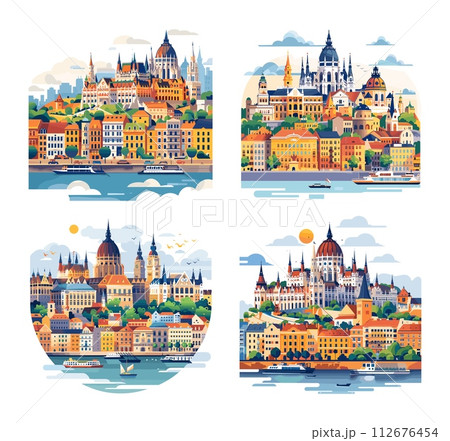 AI-generated content. Budapest cityscape simple cartoon vector set. Panoramic architectural landscapes hungary capital sights buildings cathedral river boats objects illustrations isolated on white 112676454