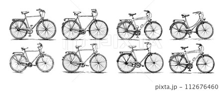 AI-generated content. Bicycles classic modern street models pencil sketch style vector set. Two wheeled vehicles, urban and countryside eco transport, black illustrations isolated on white background 112676460