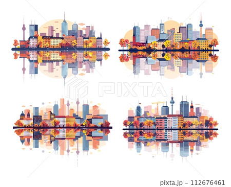 AI-generated content. Berlin urban views simple cartoon vector set. Modern city germany capital landscapes tall buildings skyscrapers architecture, autumn horizons trees river objects illustrations 112676461