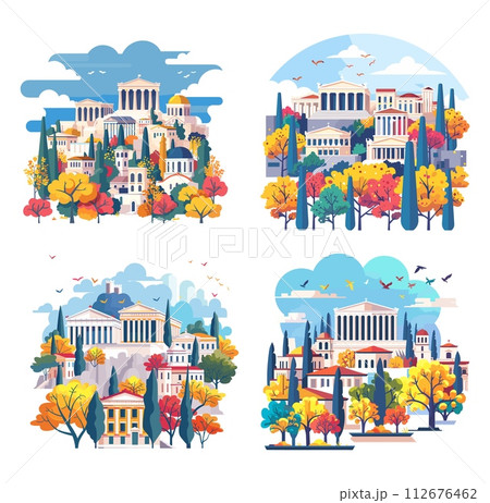 AI-generated content. Athens panoramic horizons flat cartoon style vector set. Ancient greek architecture columns ruins temples trees gardens elements urban landscapes illustrations isolated on white 112676462